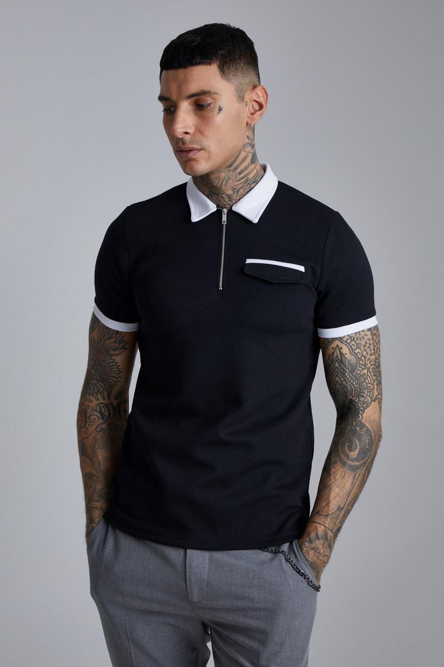 Black Smart Muscle Fit Zip Polo With Pocket