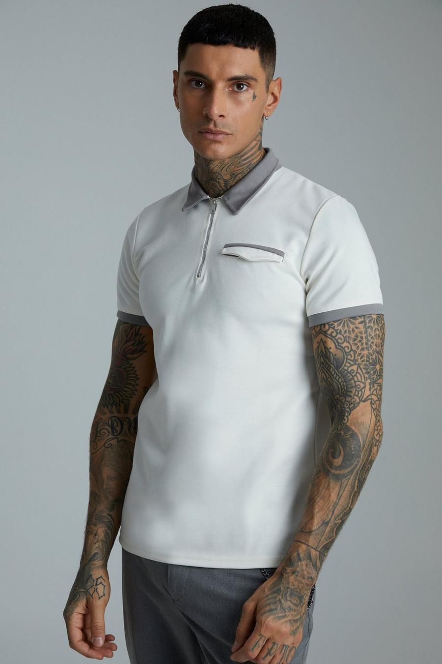 Smartes Muscle-Fit Poloshirt mit Reißverschluss und Tasche, Ecru white
