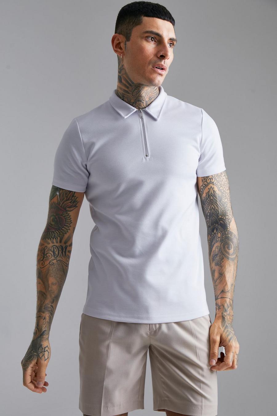 לבן חולצת פולו אלגנטית בגזרה צרה עם רוכסן בצווארון image number 1