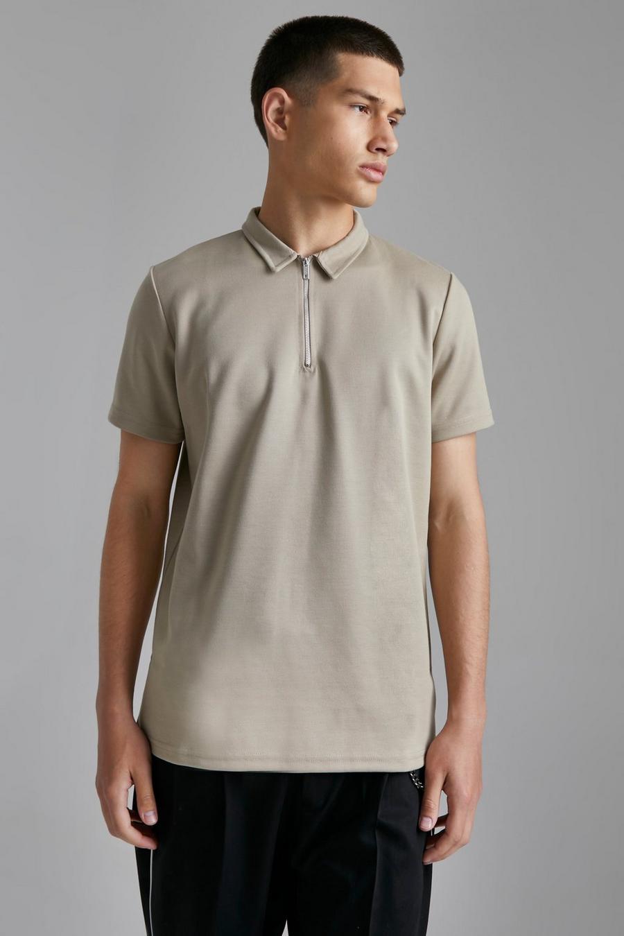 Taupe Smart Slim Fit Zip Neck Polo image number 1