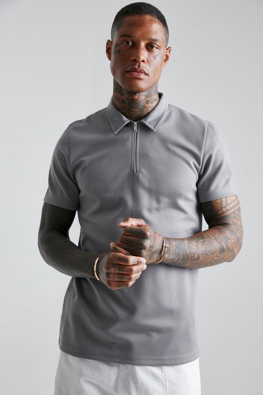 Charcoal grå Smart Slim Fit Zip Neck Polo image number 1