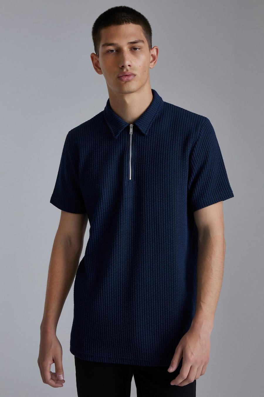 Navy Nette Monochrome Jacquard Polo Met Hals Rits image number 1