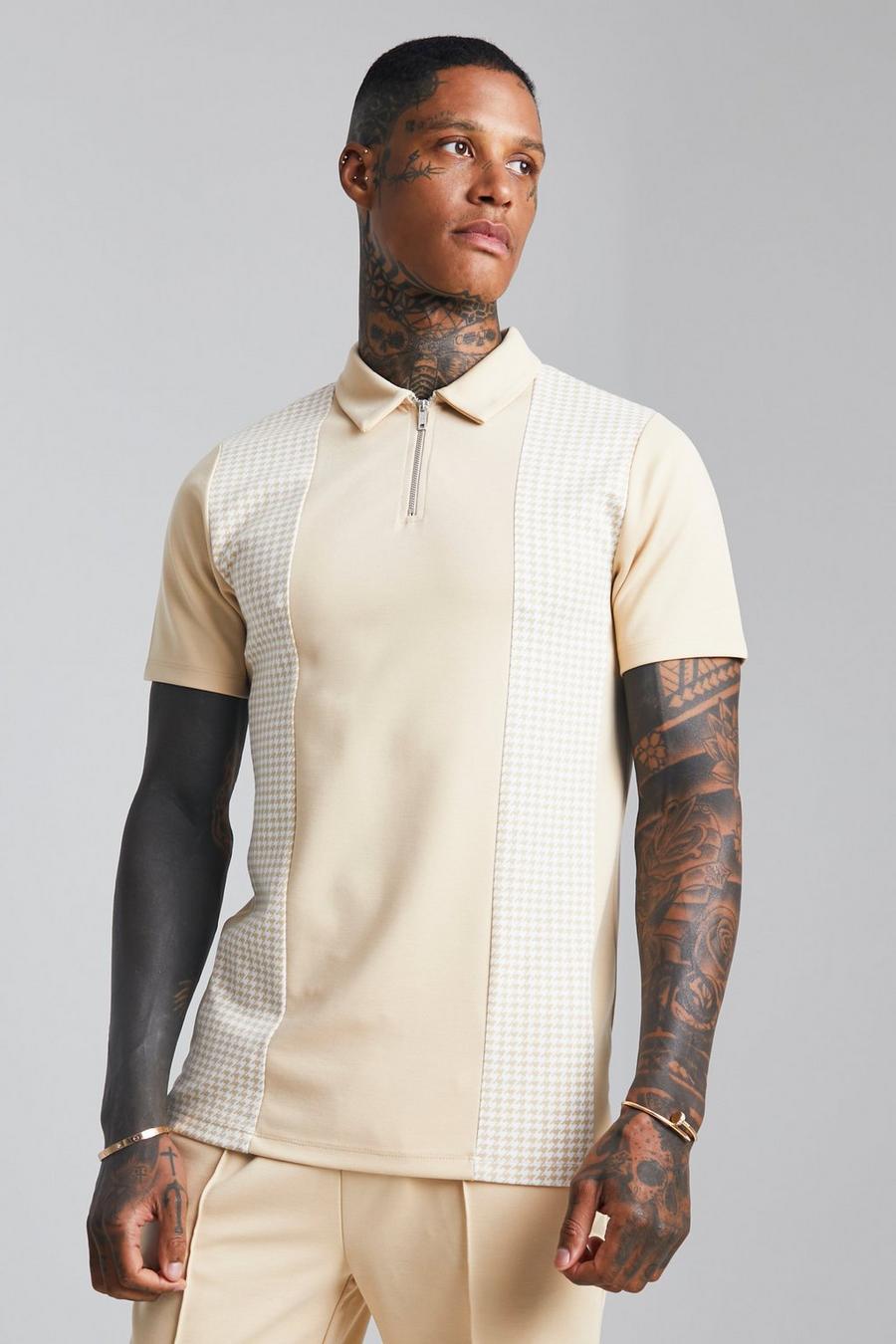 Taupe Smart Slim Zip Neck Polo With Jacquard Panel image number 1