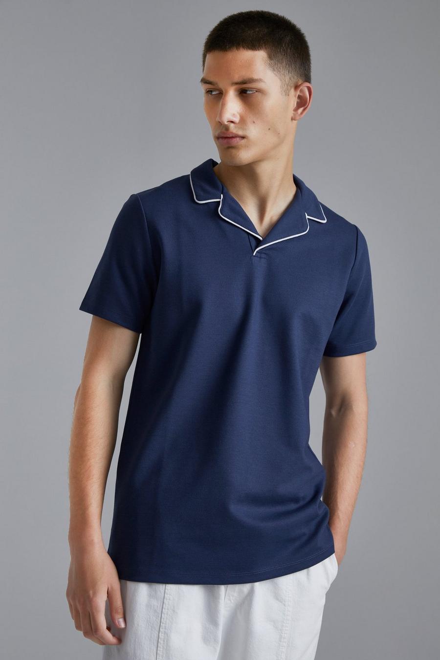 Navy Smart Slim Fit Revere Polo With  Piping image number 1