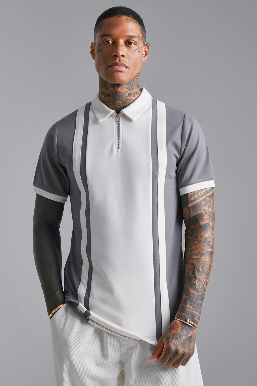 Smartes Slim-Fit Poloshirt mit Reißverschluss und Kontrast-Einsatz, Charcoal image number 1
