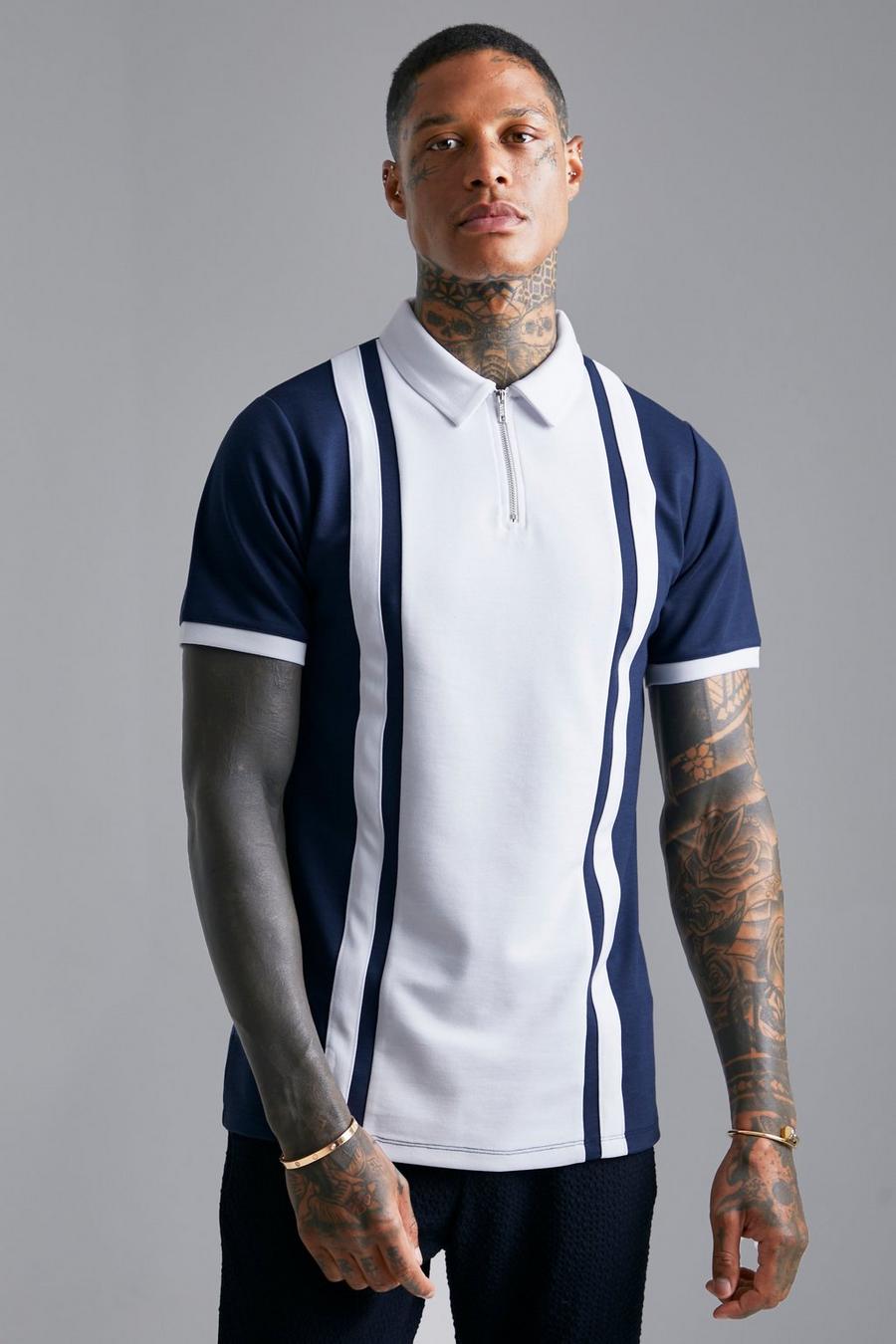 Navy Smart Slim Fit Zip Polo With Contrast Panel