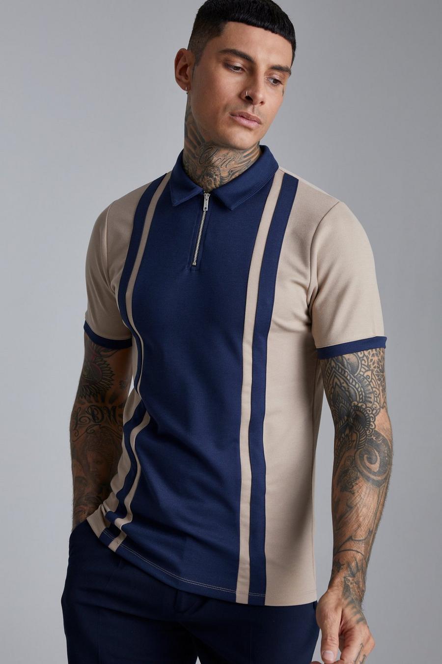 Sand beis Smart Slim Fit Zip Polo With Contrast Panel
