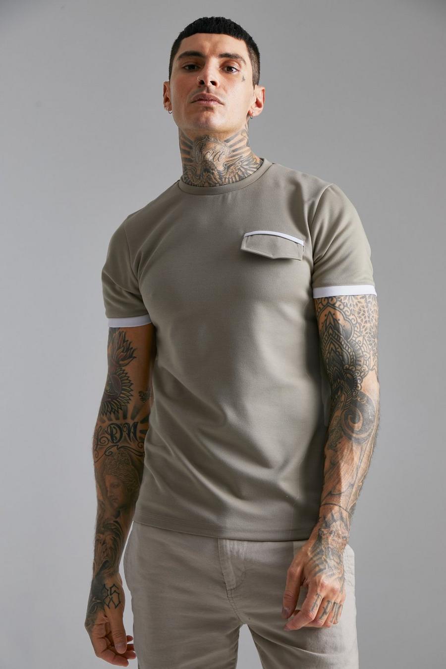 Taupe Smart Slim T-shirt With Pocket & Piping image number 1