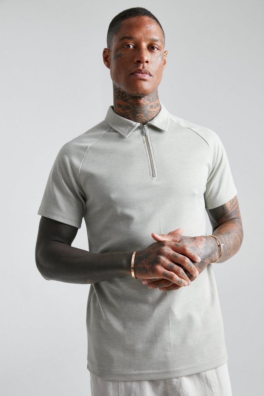 Taupe beige Smart Slim Fit Dogtooth Jacquard Zip Polo