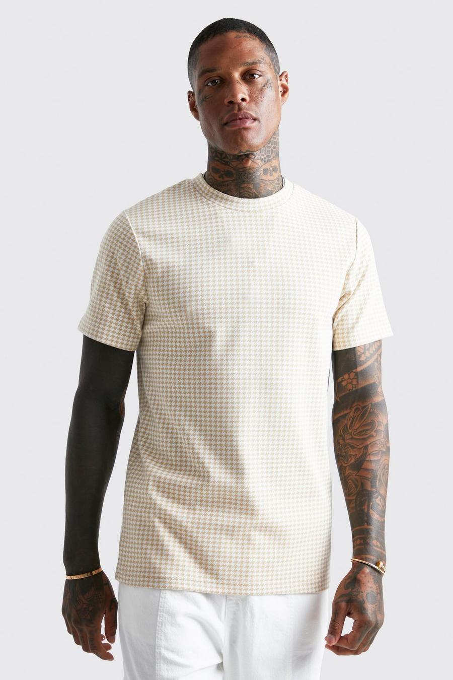 Smartes Slim-Fit Jacquard T-Shirt mit Hahnentritt-Print, Taupe beige