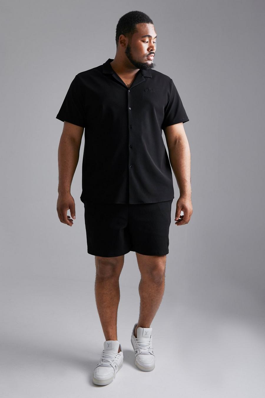 Black Plus Geribbelde Set Met Ottoman Overhemd Met Revers Kraag En Shorts image number 1
