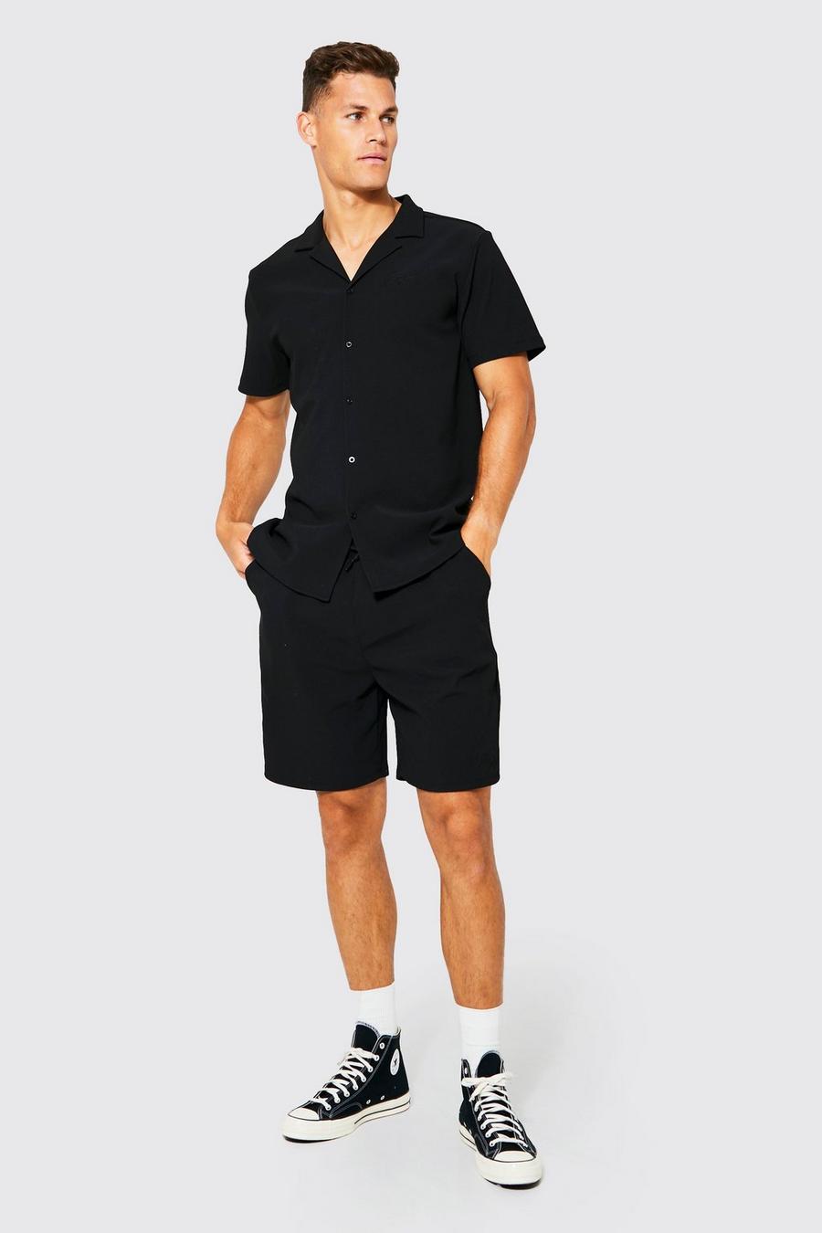 Black schwarz Tall Geribbelde Set Met Ottoman Overhemd Met Revers Kraag En Shorts