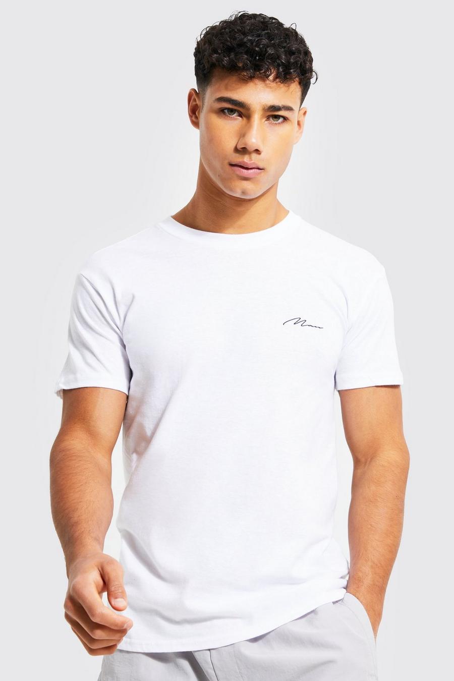 T-shirt con stampa di firma Man ad altezza taschina, White bianco