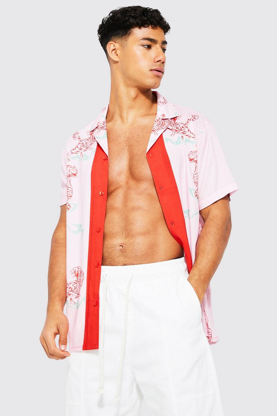 Kurzärmliges Viskose-Hemd mit Tiger-Print, Light pink rose