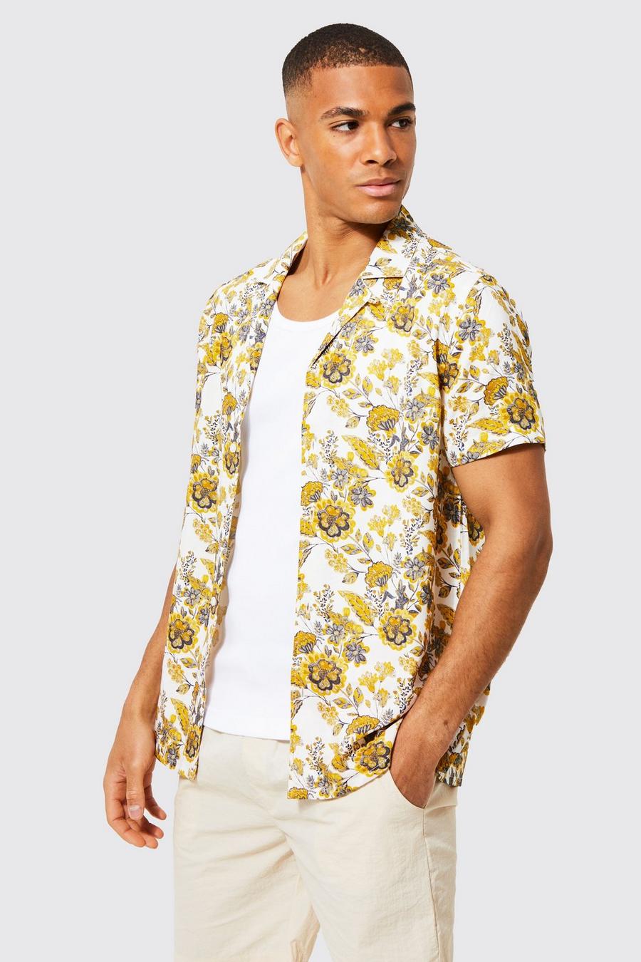 Yellow Short Sleeve Viscose Floral Shirt image number 1