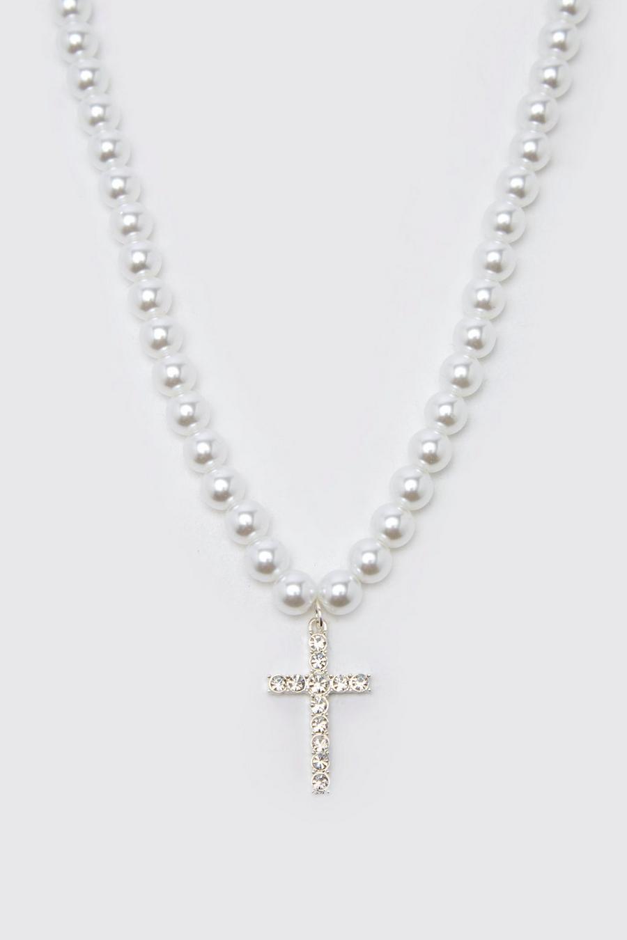 Silver Pearl And Iced Cross Necklace image number 1