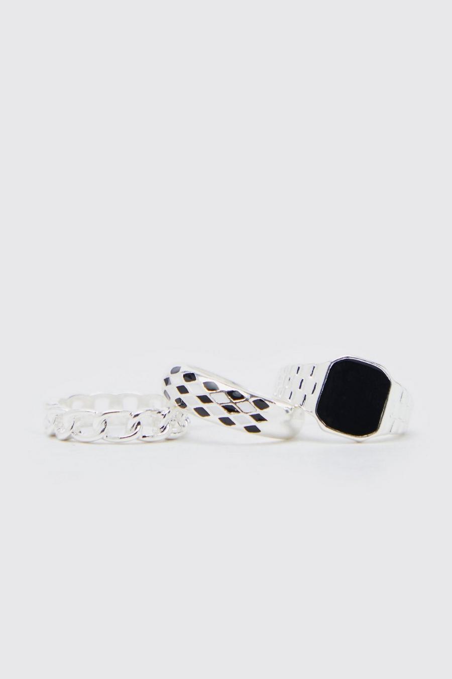 Silver 3 Pack Signet And Textured Rings 