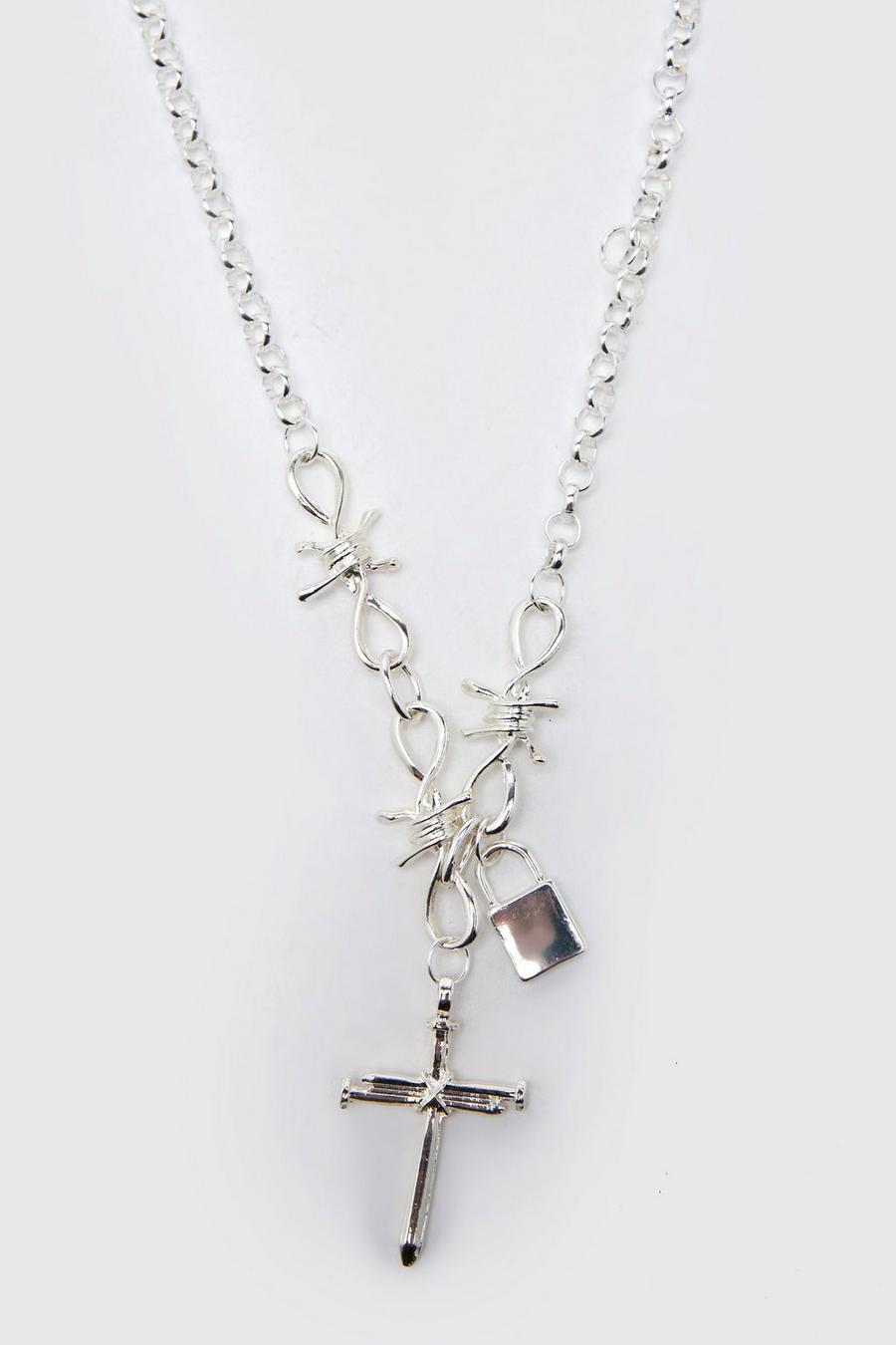 Silver Barbed wire And Cross Necklace image number 1