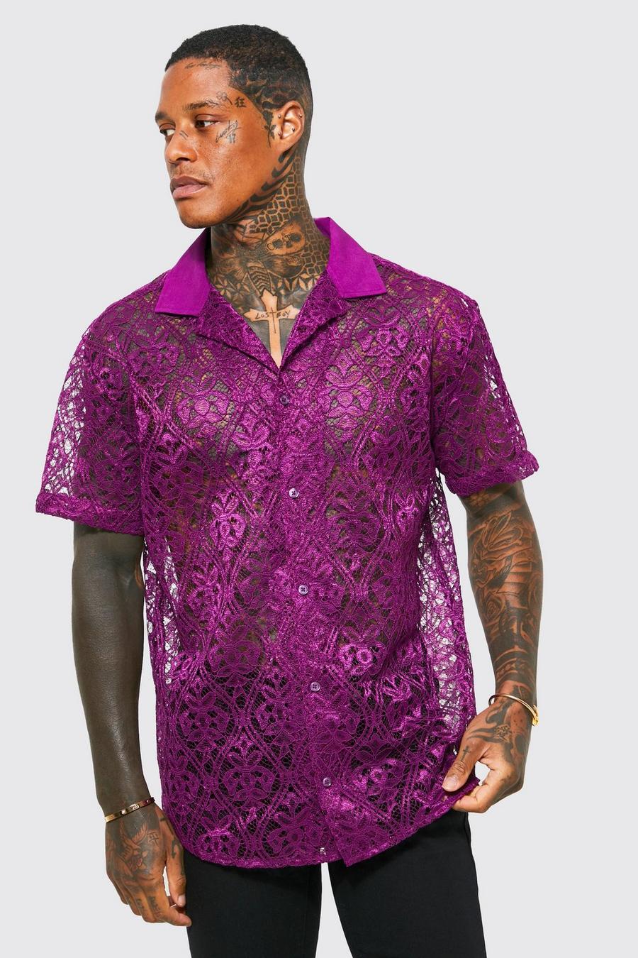 Purple lila Short Sleeve Oversized Revere Lace Shirt 