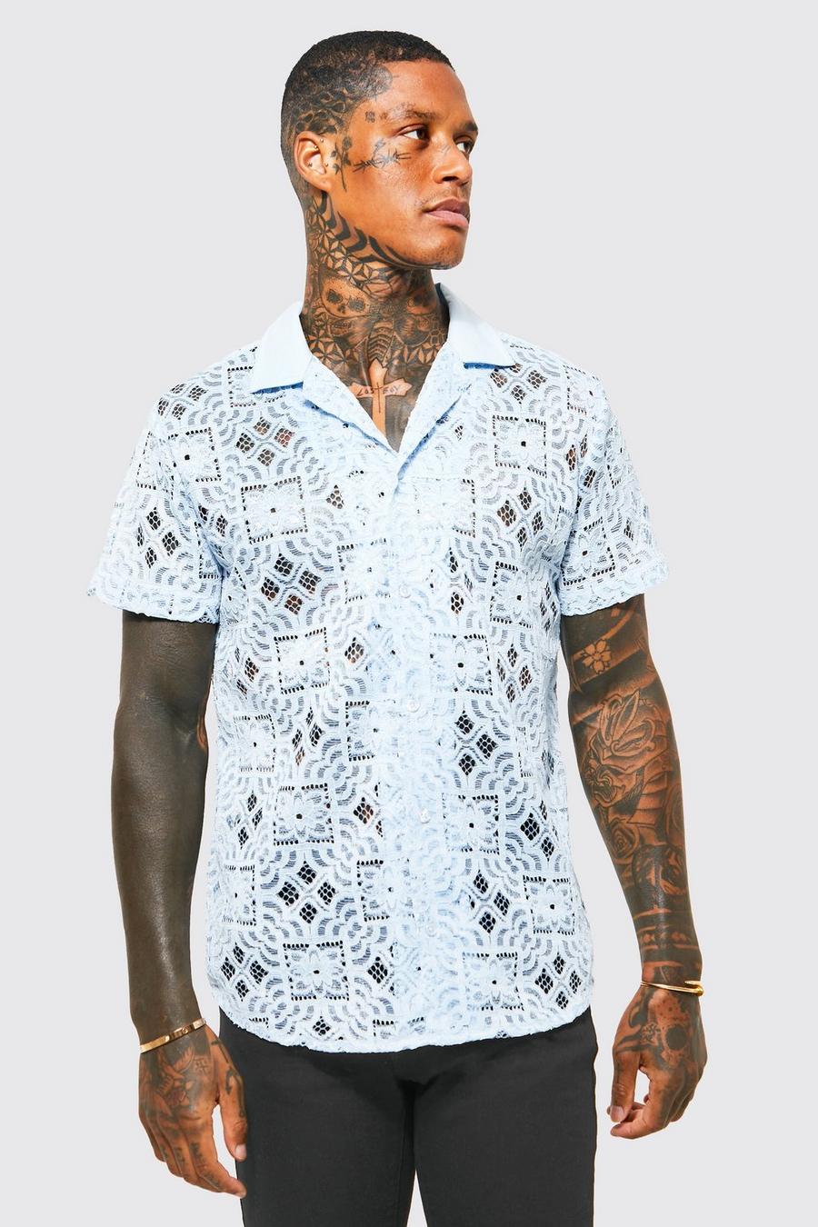 Blue Short Sleeve Revere Lace Shirt  image number 1