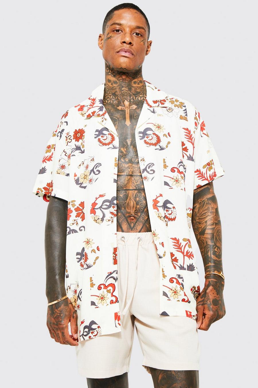 Beige Short Sleeve Oversized Viscose Floral Shirt