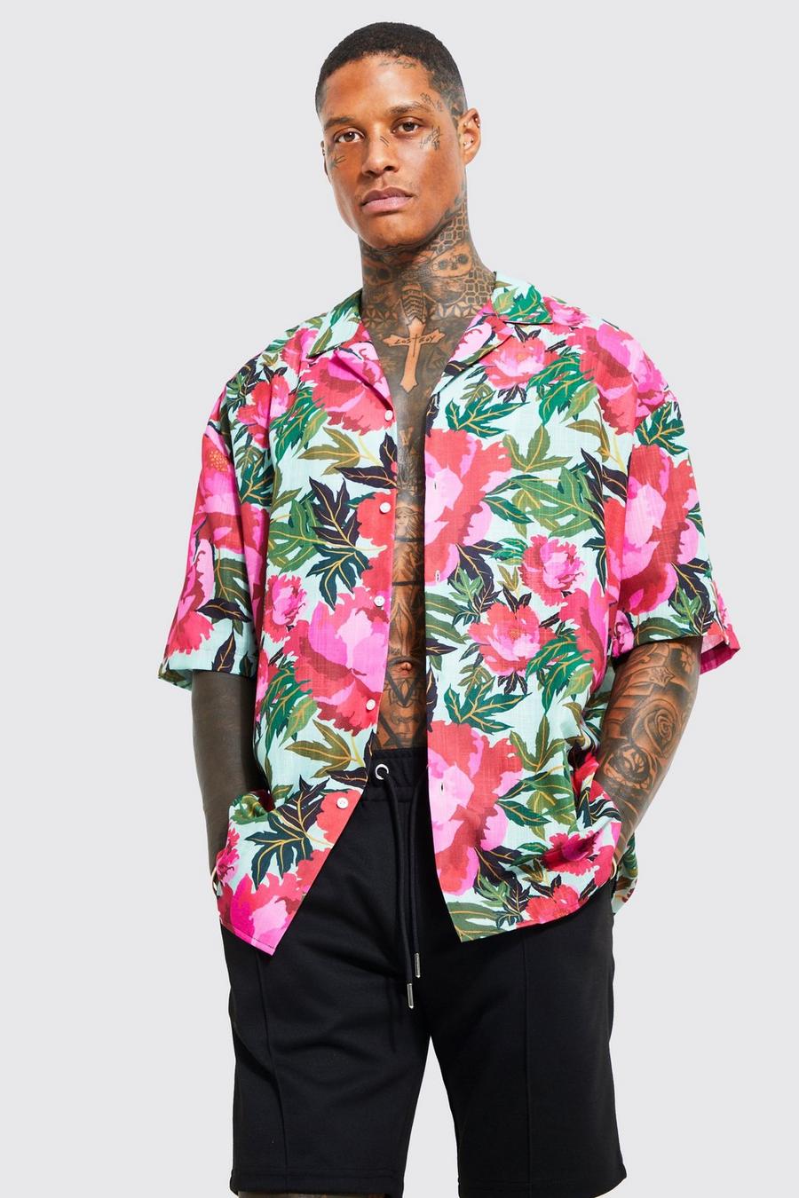 Camisa oversize recta con estampado de flores en relieve, Light green image number 1