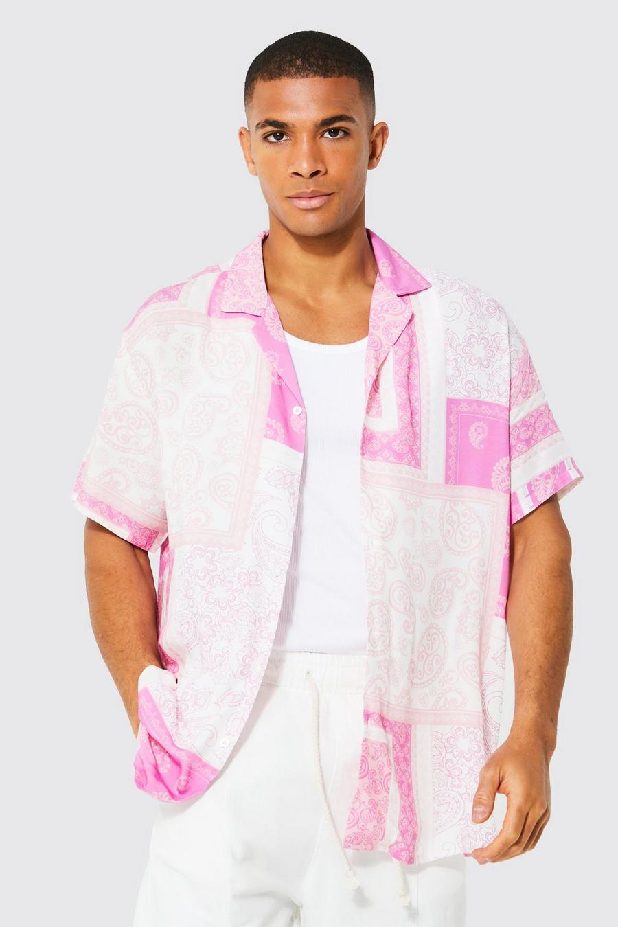 Kurzärmliges Oversize Viskose-Hemd mit Bandana-Print, Pink rose