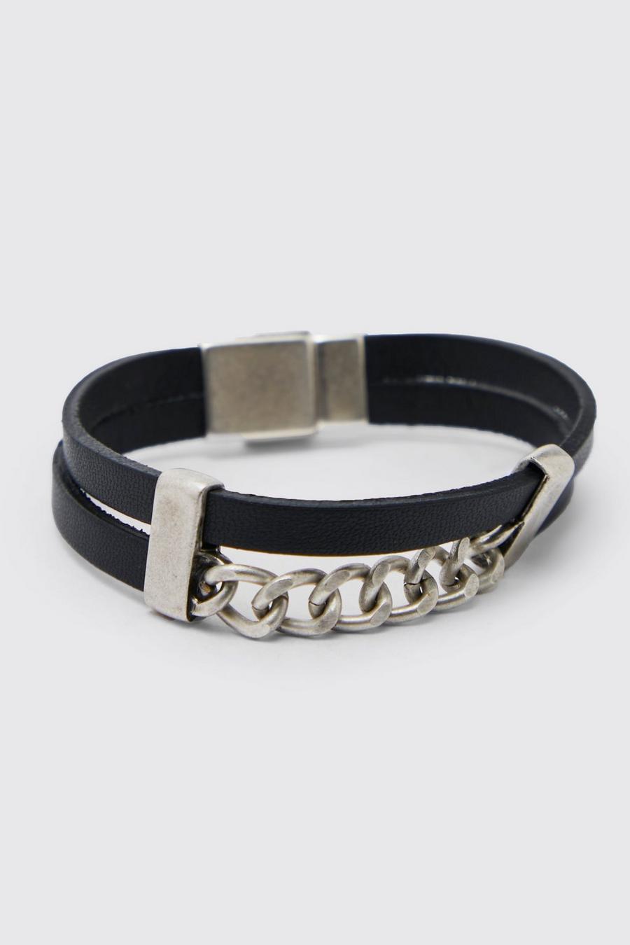Black Leather Look Strap Chain Bracelet
