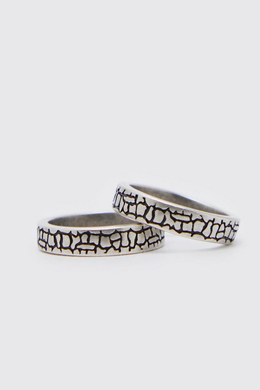 Silver argent Cracked Textured 2 Pack Rings