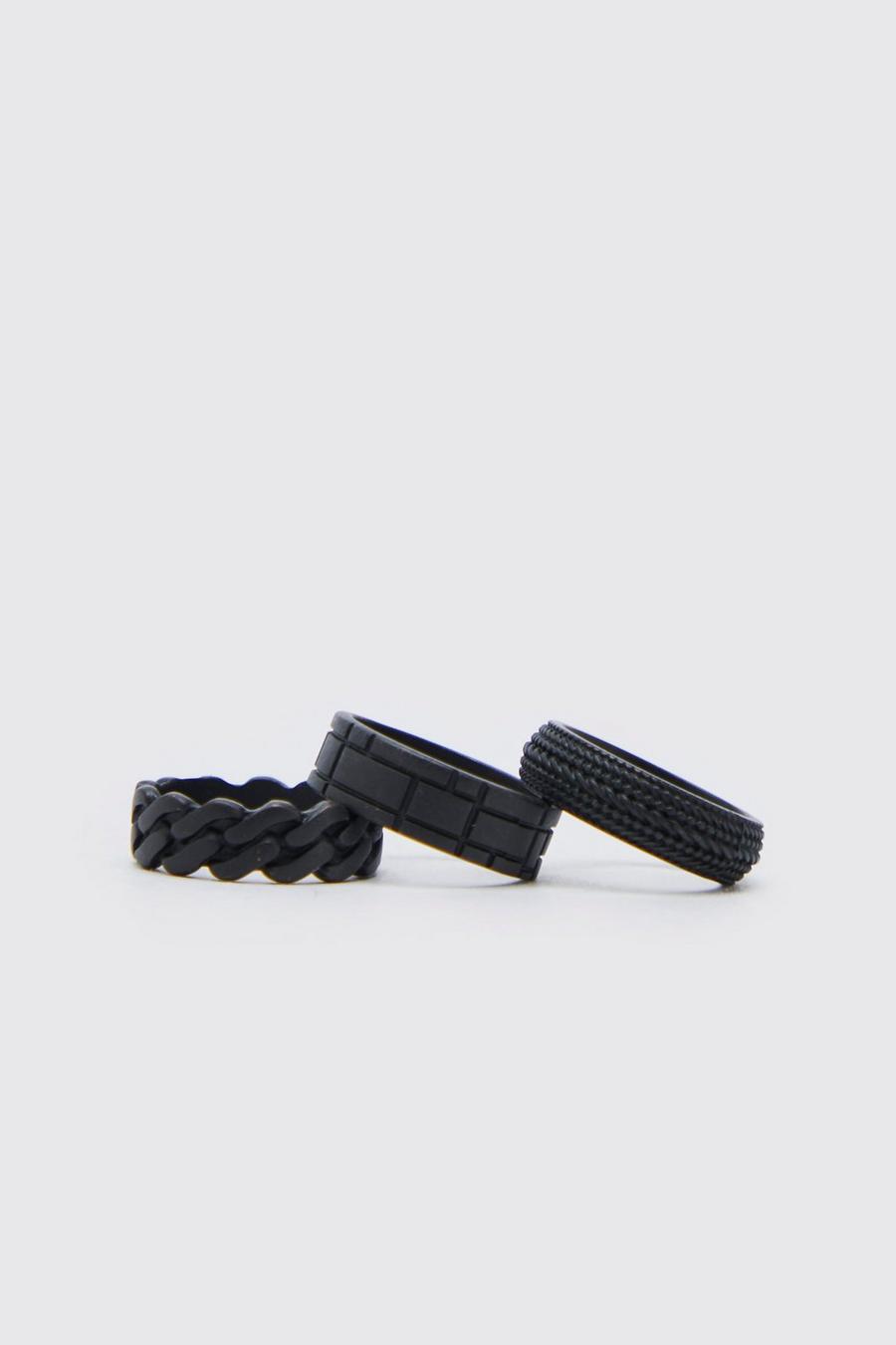 Black Texture And Chain 3 Pack Rings
