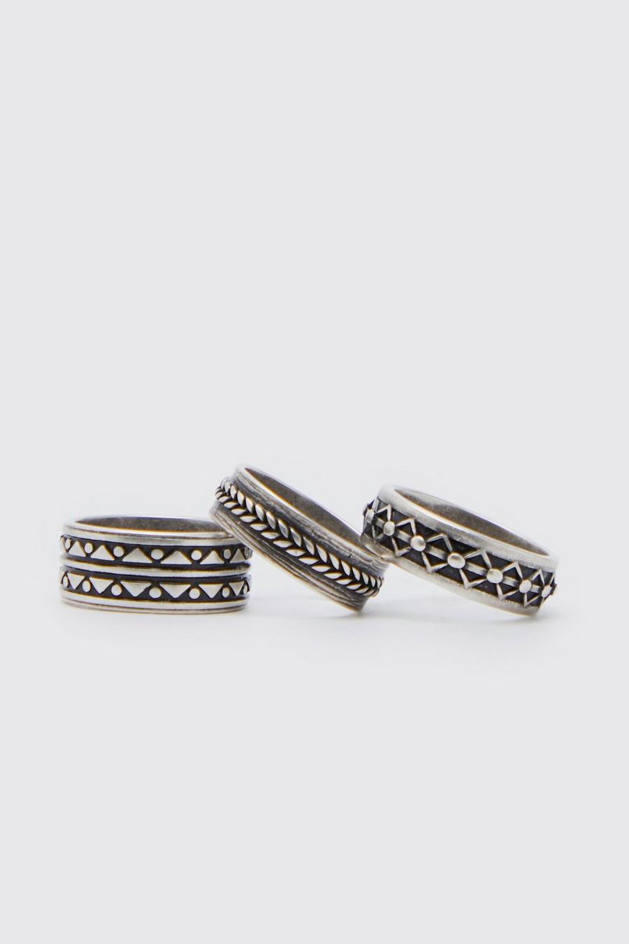 Pack de 3 anillos texturizados estilo cuerda, Silver