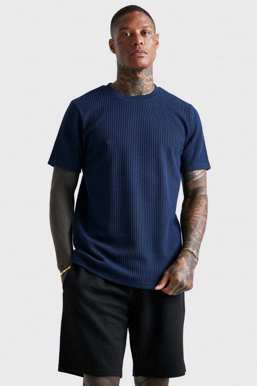 Navy Smart Slim Fit Tonal Jacquard T-shirt  image number 1