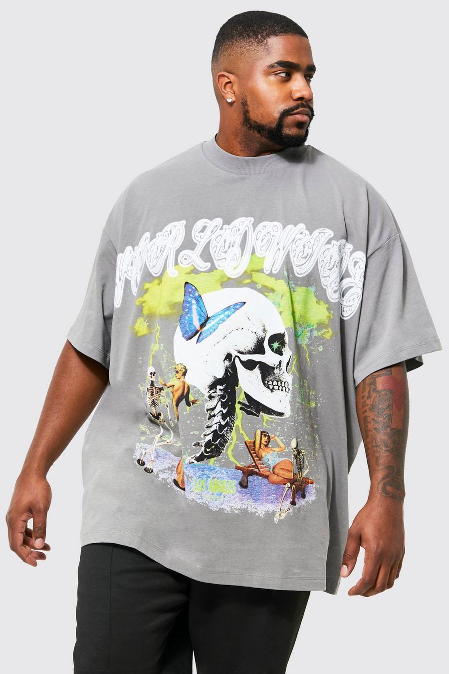 Camiseta Plus oversize con estampado gráfico de calavera, Charcoal grigio