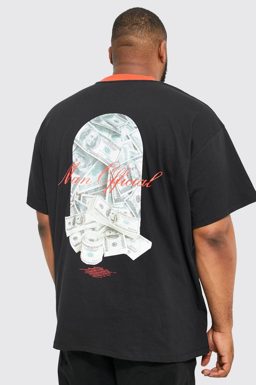 Camiseta Plus oversize con cuello en contraste y estampado de dinero, Black negro