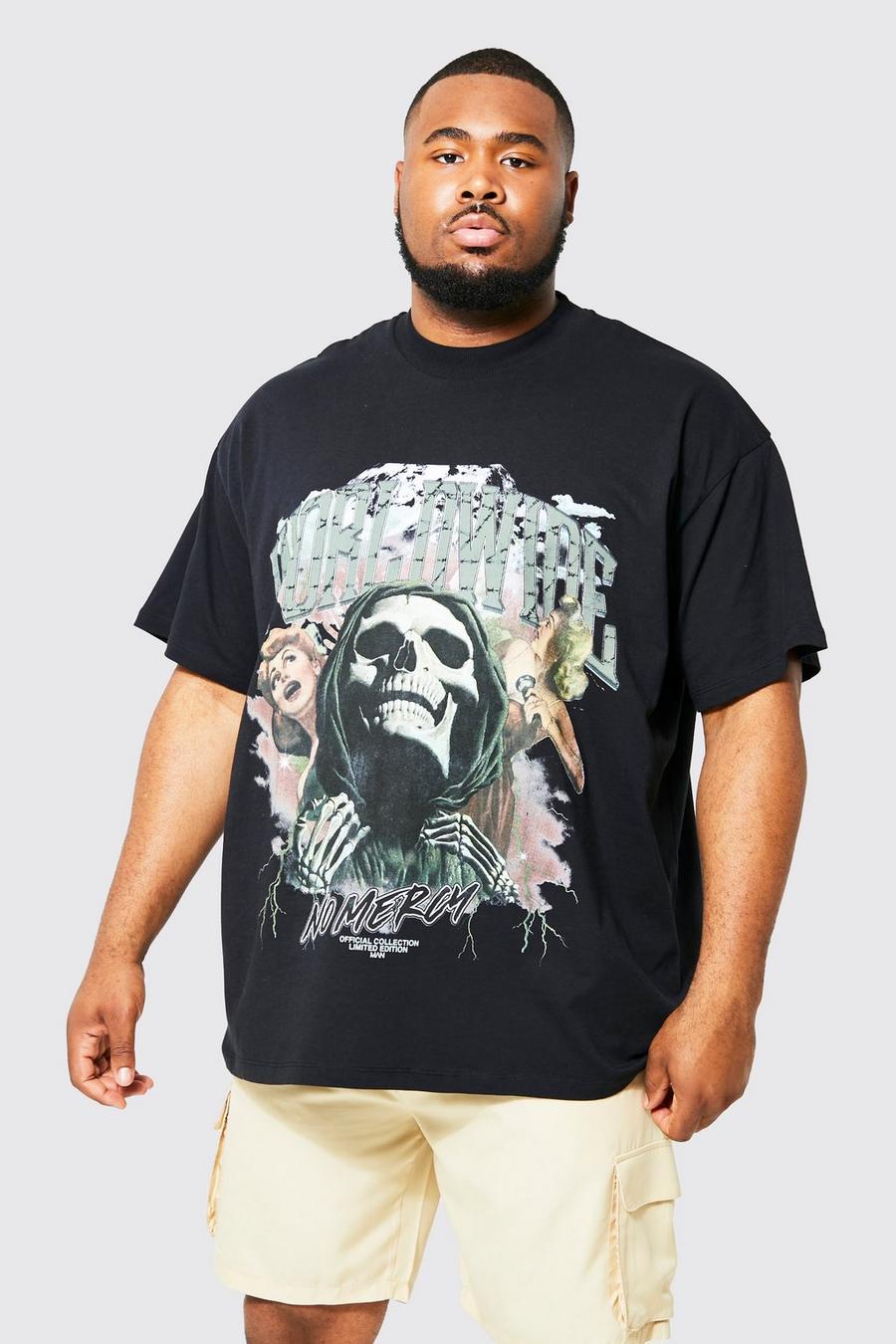 Black Plus Oversized Skull Graphic T-shirt image number 1