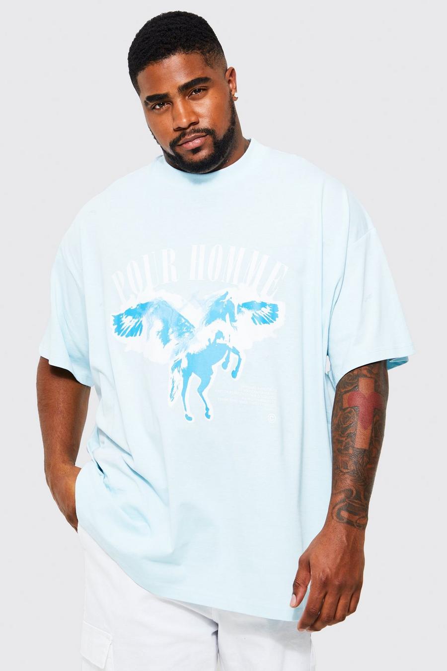 Camiseta Plus oversize con estampado gráfico de caballo, Light blue azul image number 1