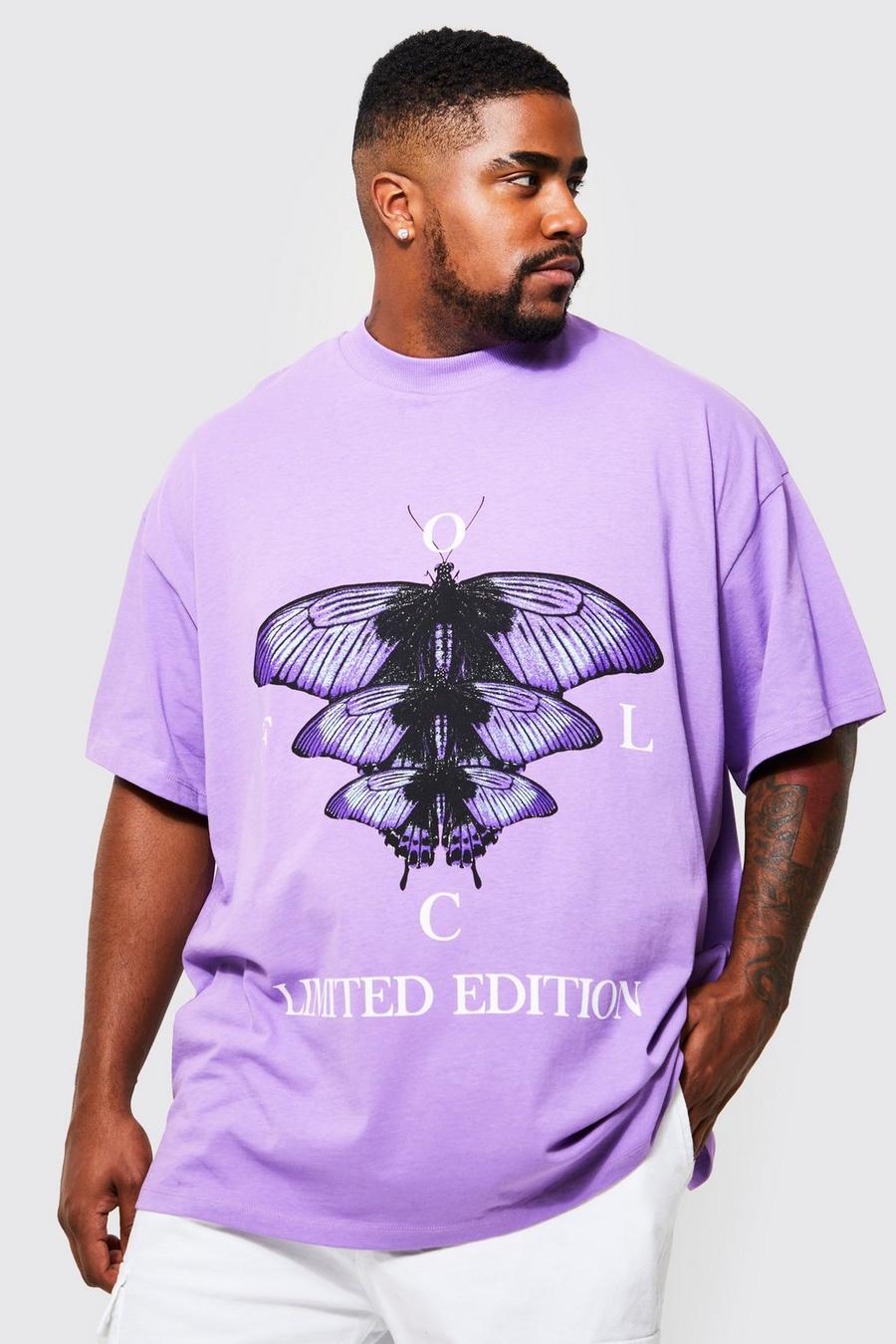 Camiseta Plus oversize con estampado gráfico Ofcl de mariposas, Purple image number 1