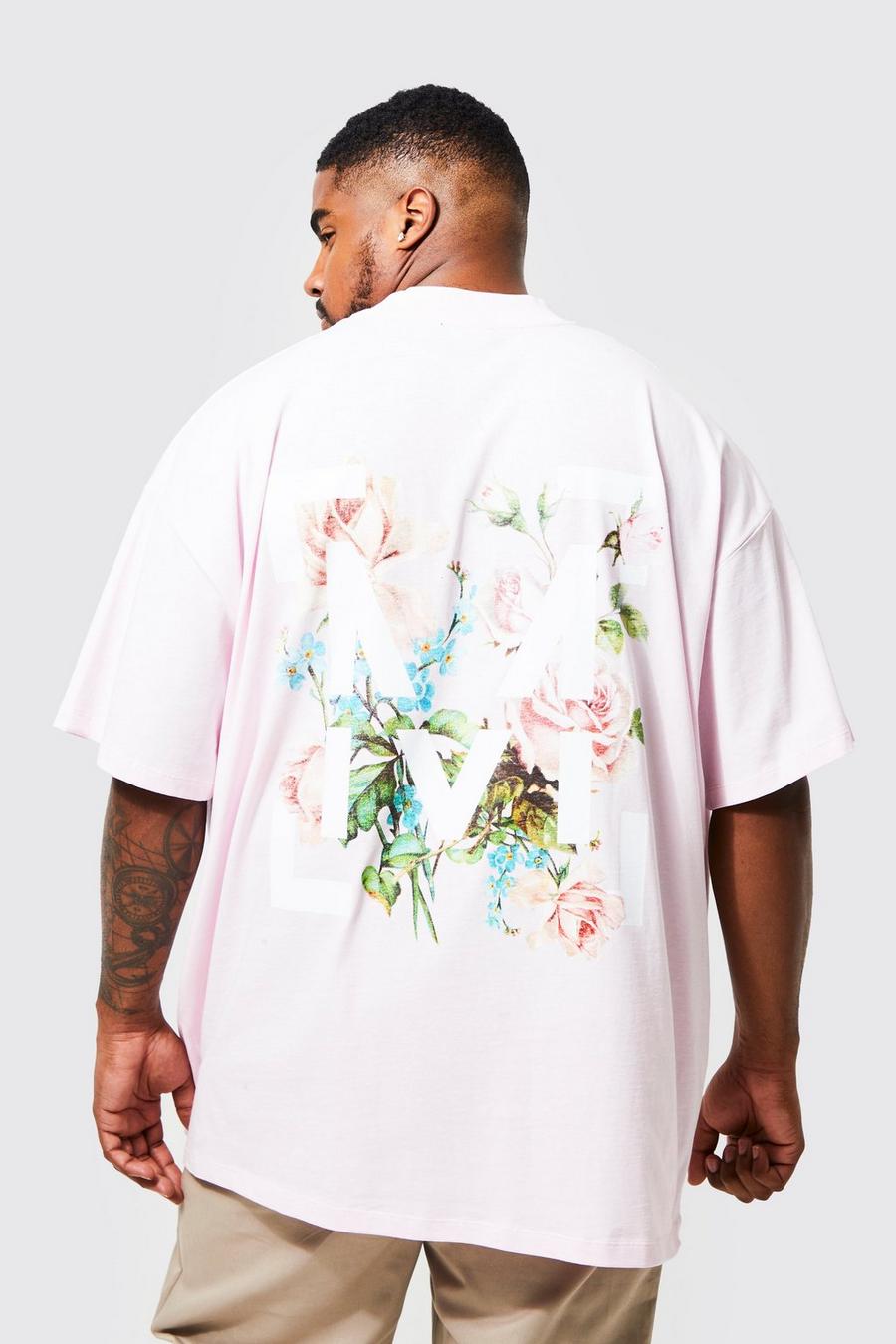 T-shirt Plus Size oversize con fiori fronte e retro, Light pink rosa