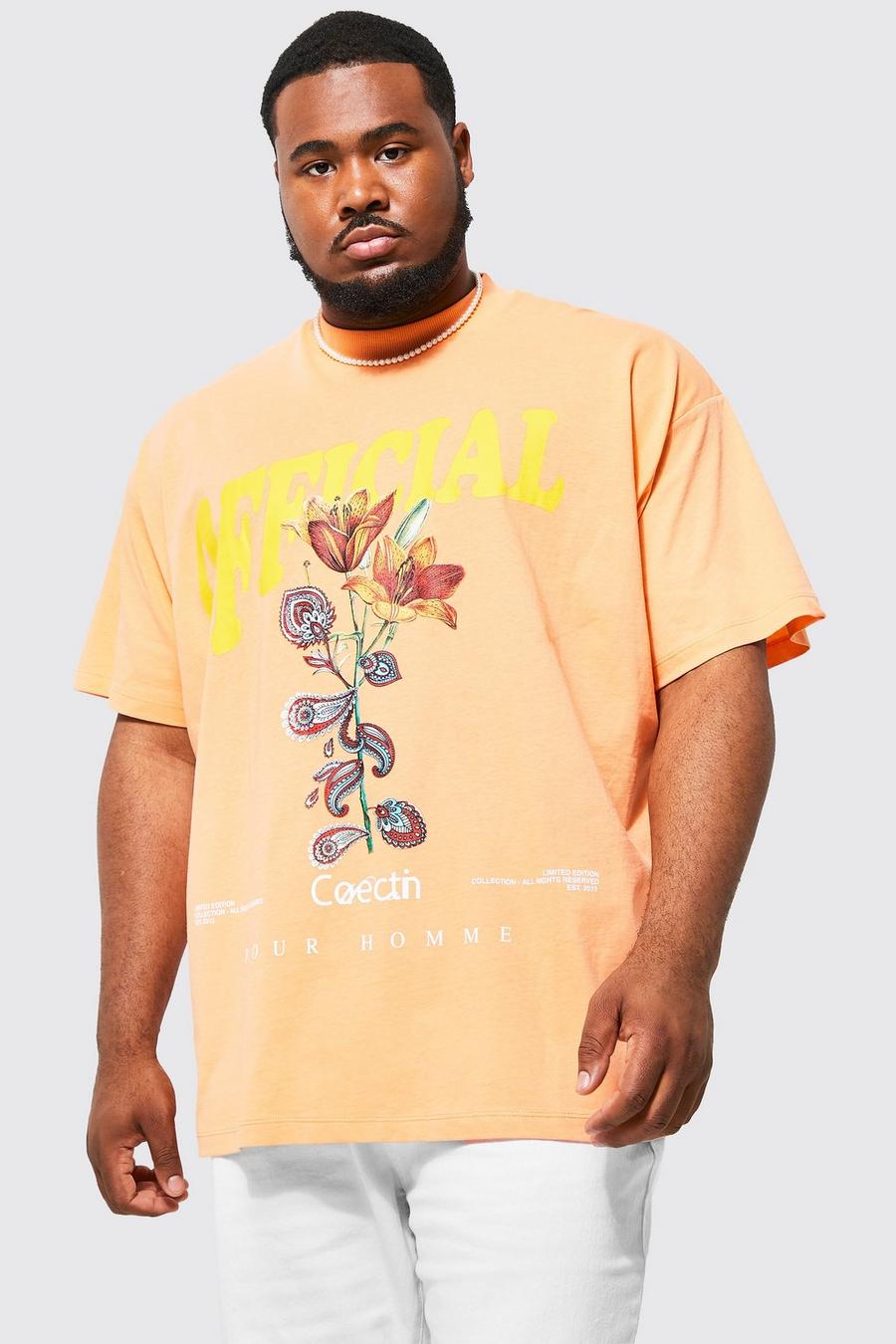 Camiseta Plus oversize con estampado gráfico de flores, Orange naranja