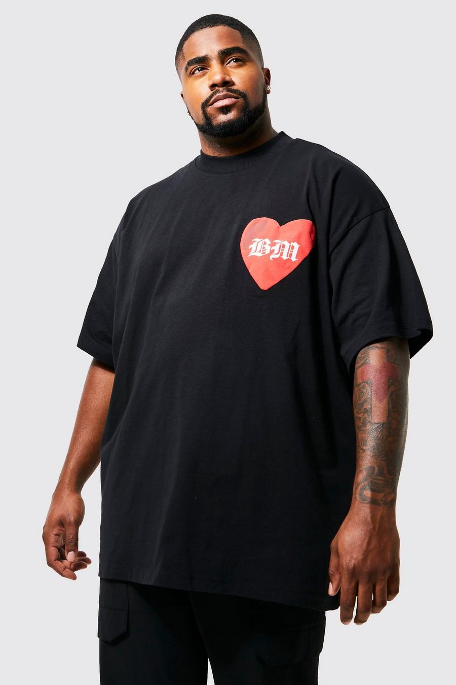 Black Plus Oversized Bm Heart Puff Print T-shirt