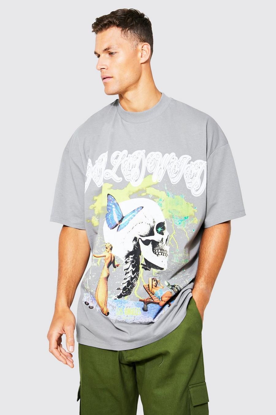 Charcoal Tall Oversized Skull Graphic T-shirt image number 1