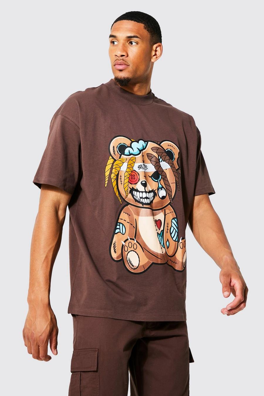 Chocolate Tall Oversized Angry Teddy Graphic T-shirt image number 1