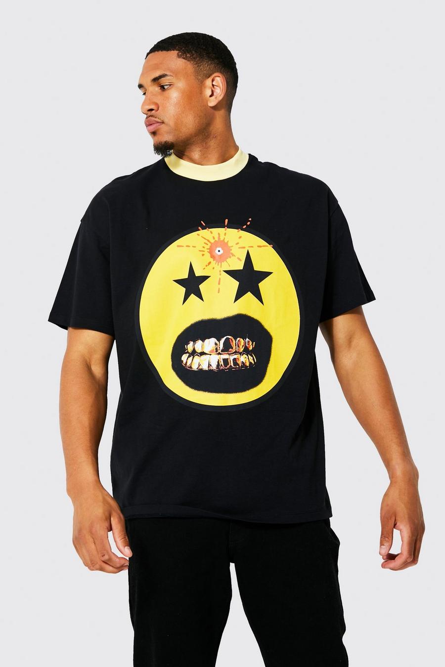 Black Tall Oversized Grill Smiley T-Shirt Met Opdruk image number 1