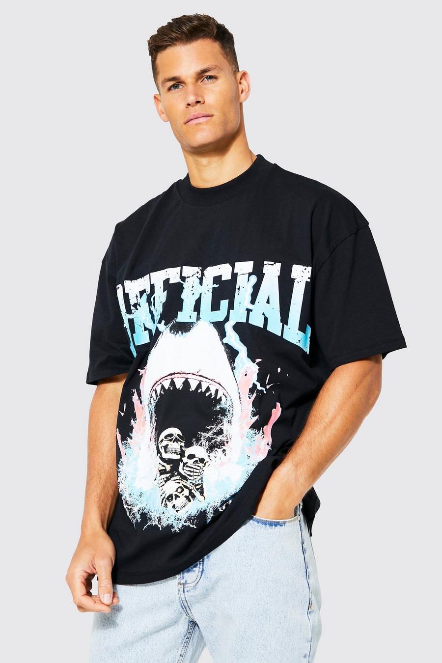 T-shirt Tall oversize con grafica di squalo, Black negro