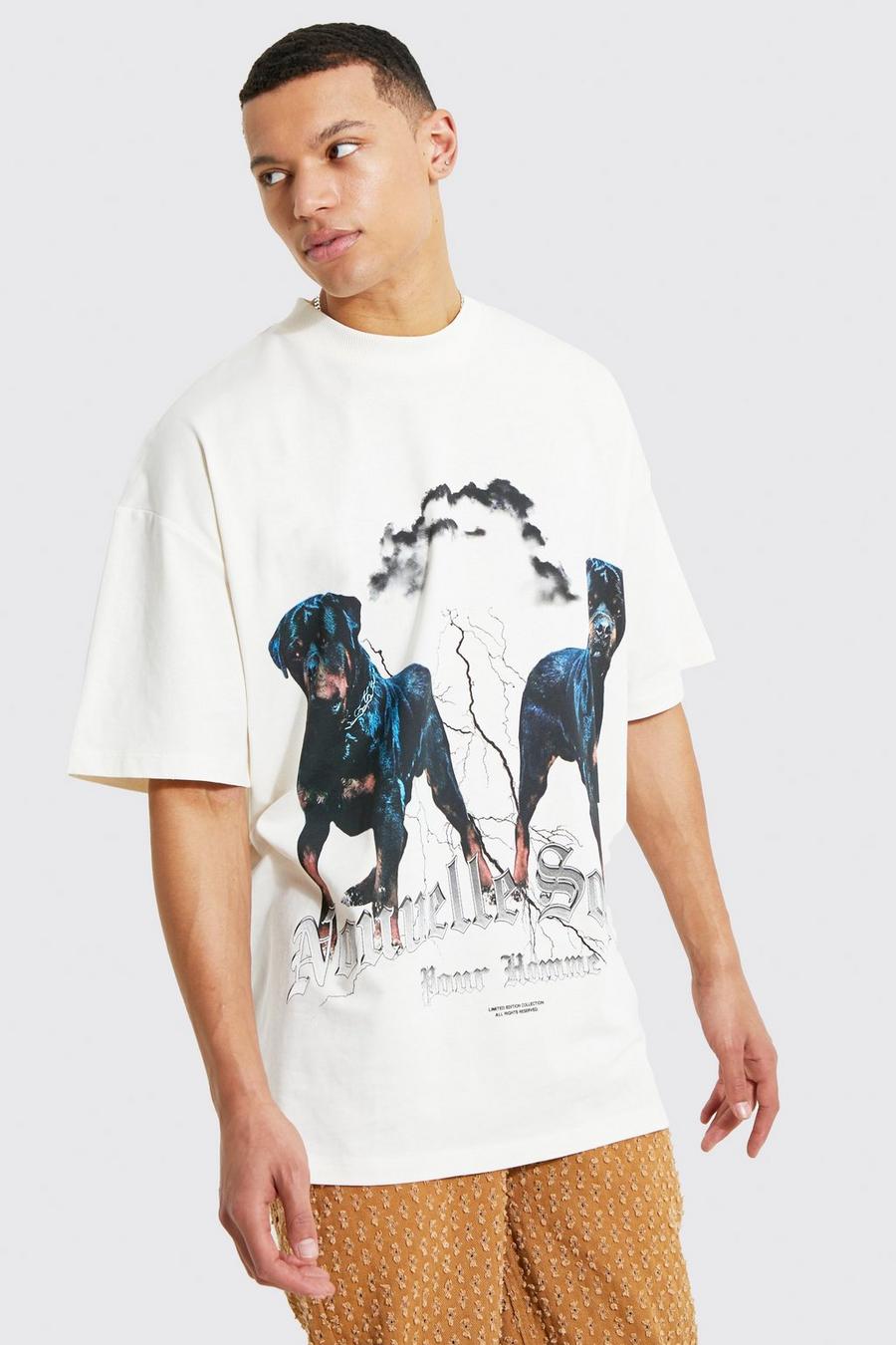 T-shirt Tall oversize con grafica di Rottweiler, Ecru image number 1