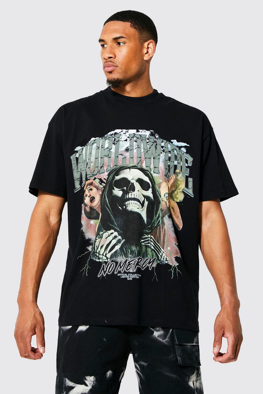 Black Tall Oversized Skull Graphic T-shirt image number 1
