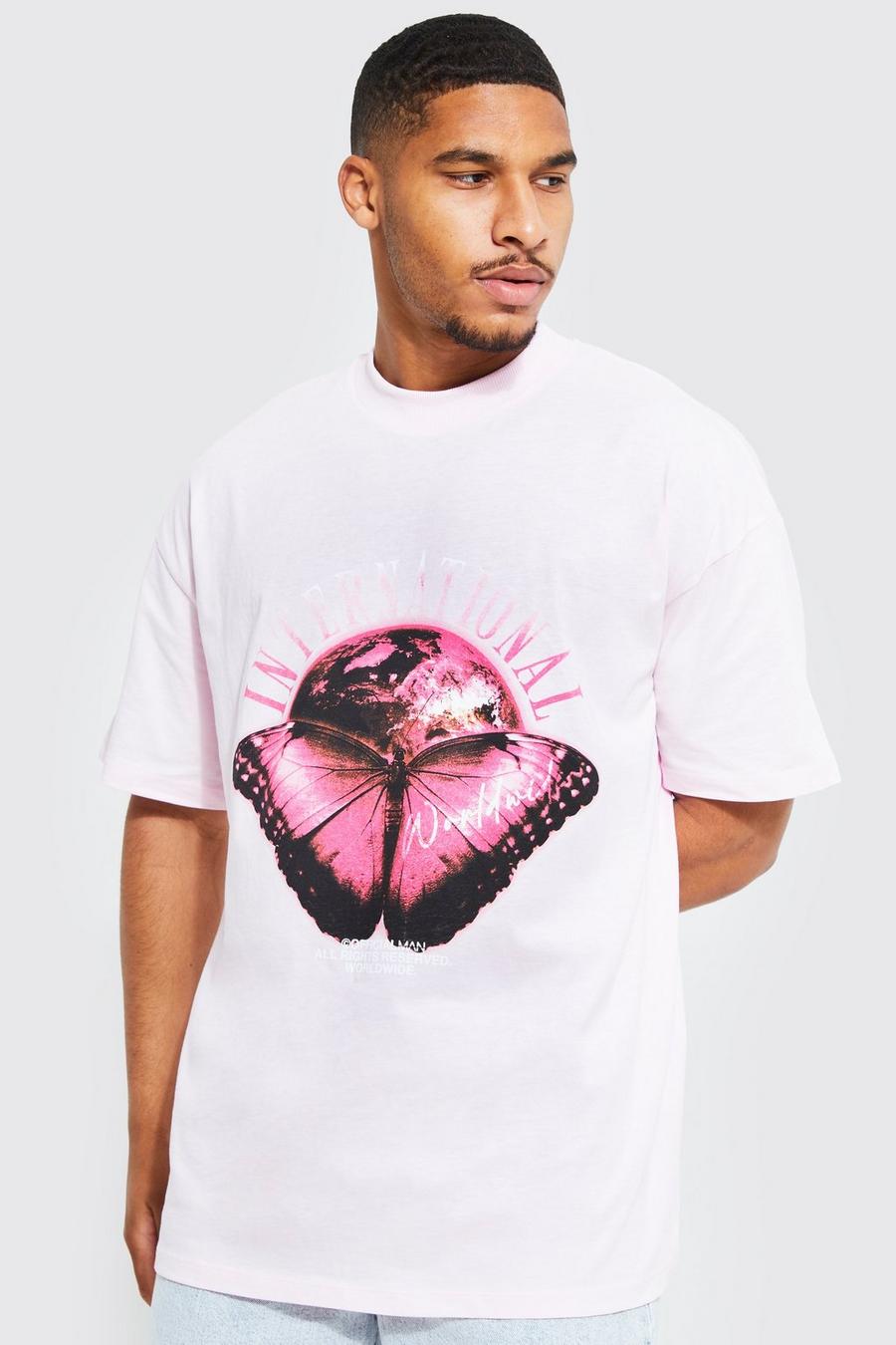 T-shirt Tall oversize con grafica di farfalle, Light pink rosa
