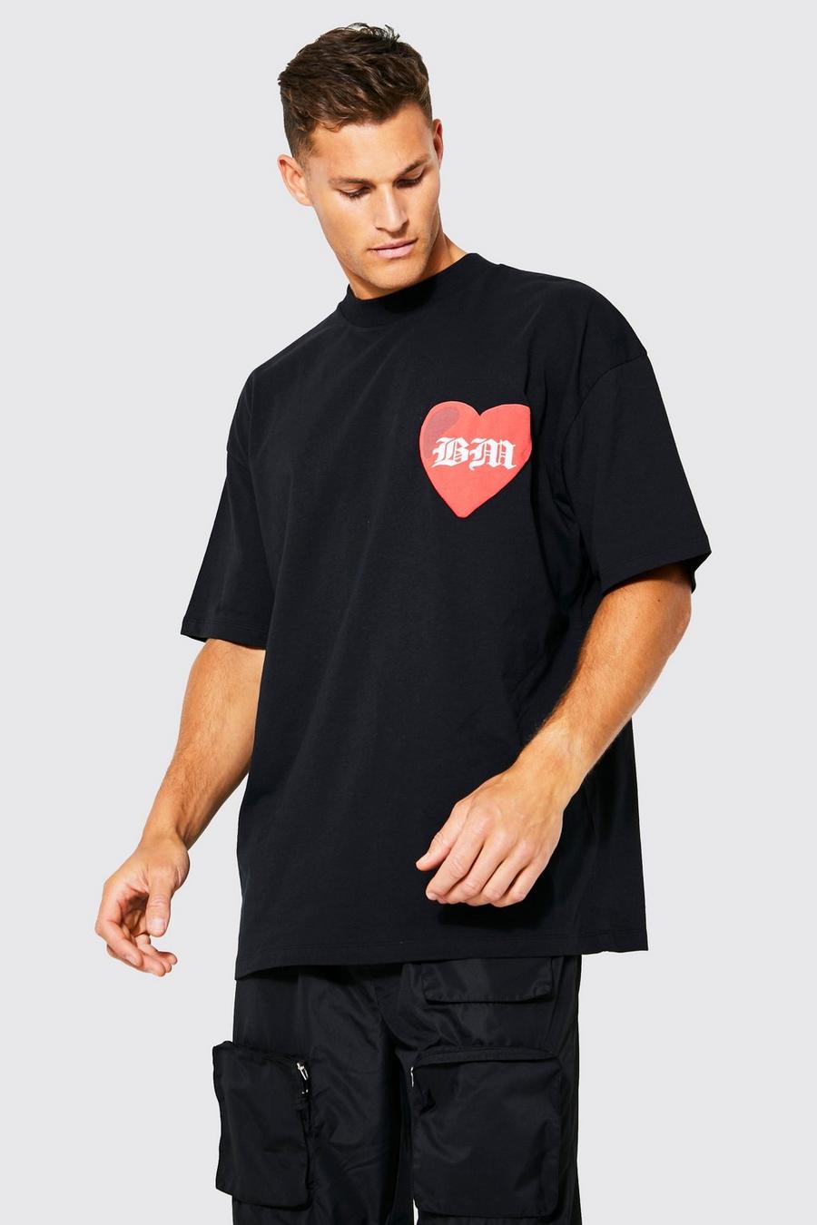 T-shirt Tall oversize con stampa BM a caratteri arrotondati e cuore, Black negro