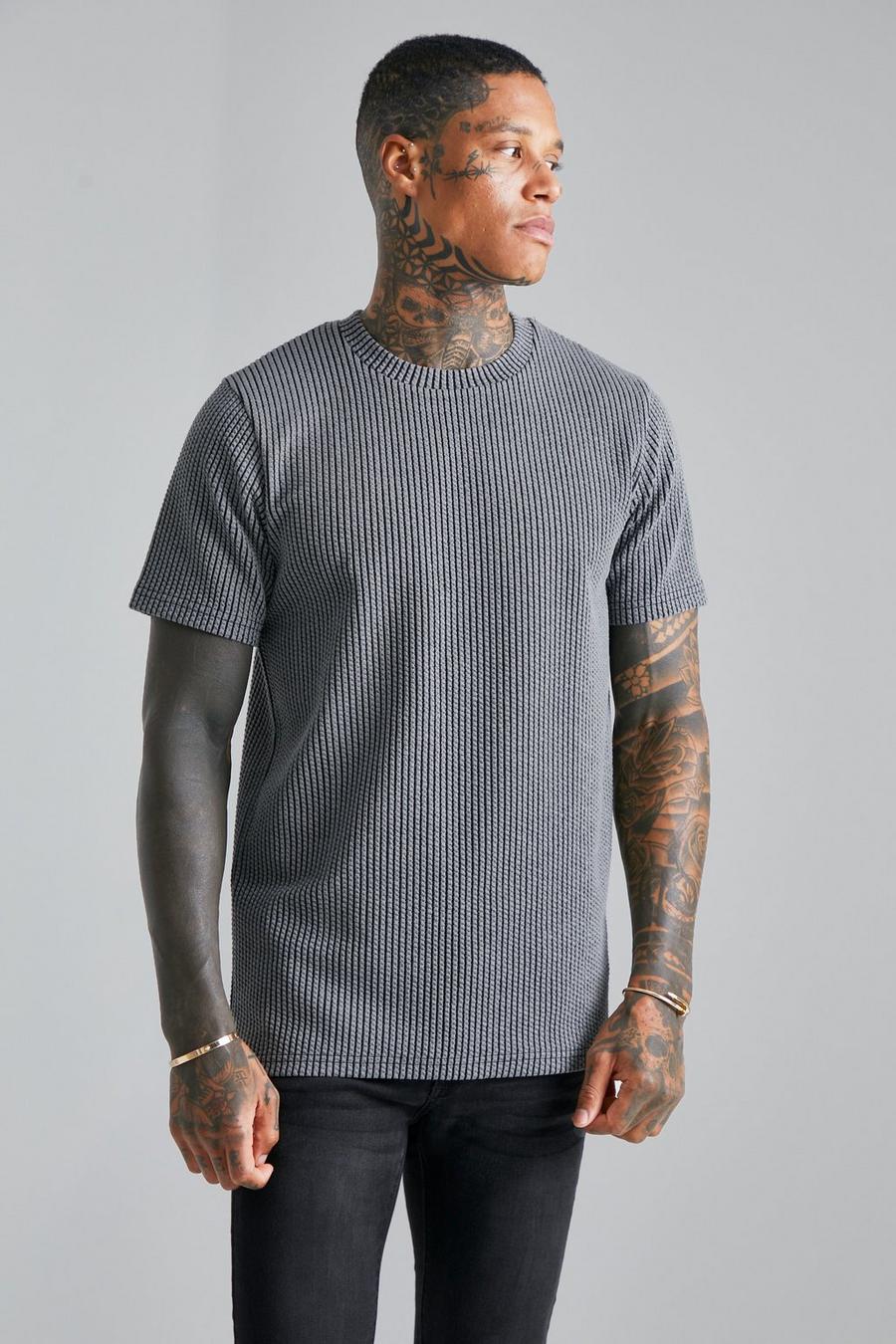 Charcoal Smart Slim Fit Tonal Jacquard T-shirt image number 1