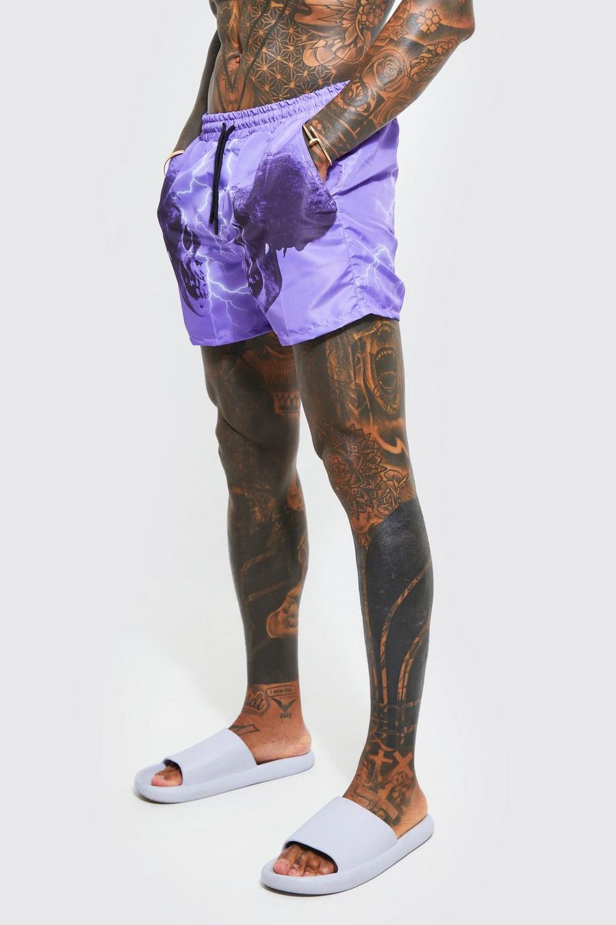 Lilac Recycled Short Length Skull Swim Shorts